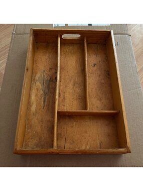 Vintage Wooden Cutlery Tray With Compartments & Handles Rustic Kitchen dovetail
